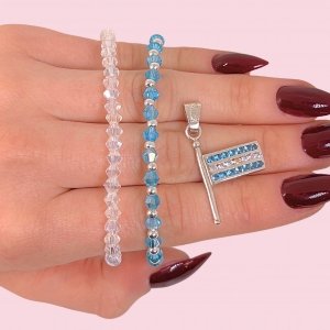 Conjunto x2 Pulseras con Cristales y Dije Bandera de Argentina con Piedras de Plata 925